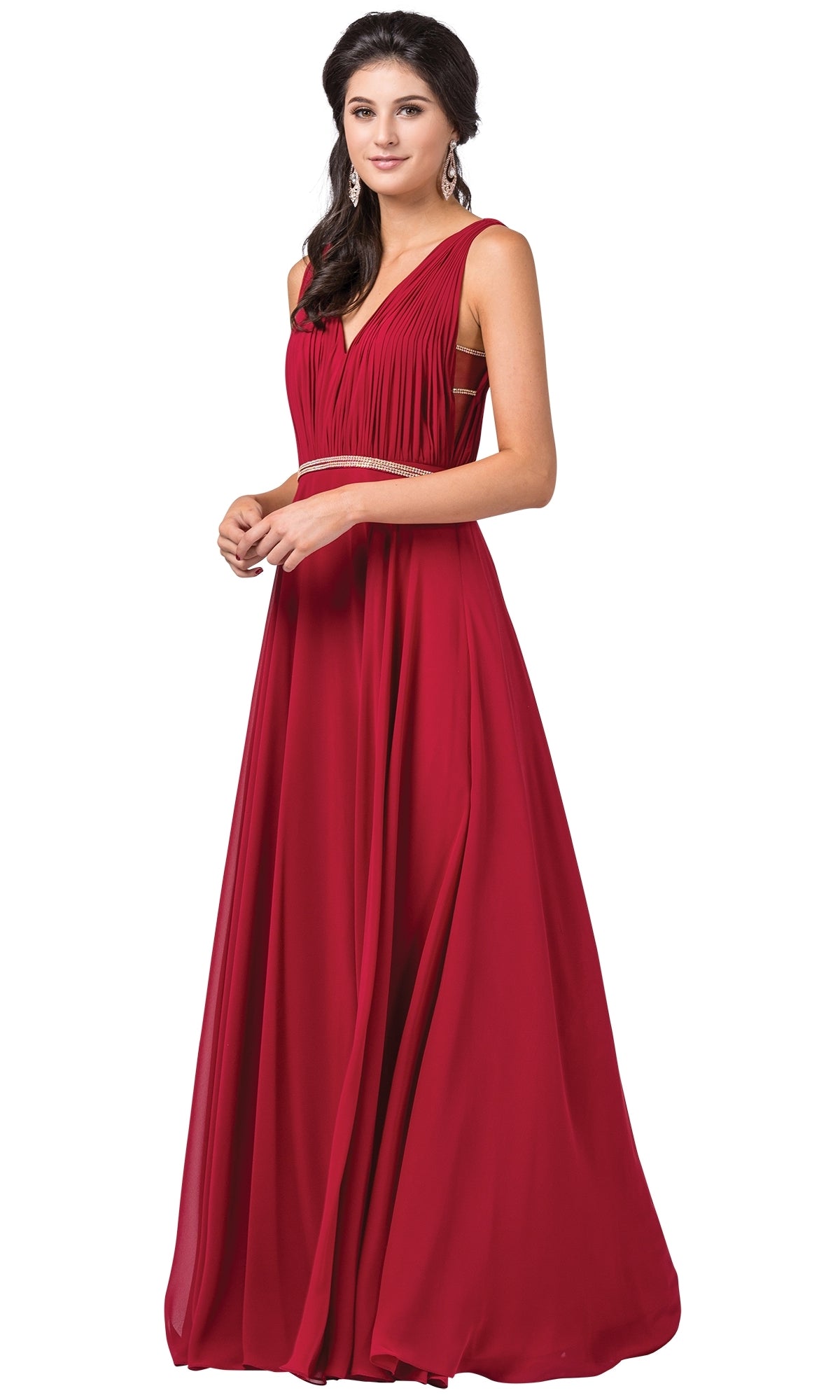 A woman models the Illusion-Sides Long A-Line Prom Dress with Pleats—a sleeveless, floor-length red gown with a pleated bodice—against a white background, offering an elegant and affordable choice for prom.
